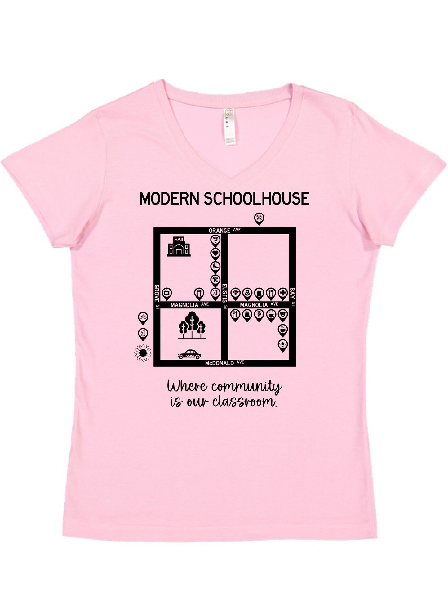 Modern Schoolhouse 2025 Community Support Adult V Neck Tee