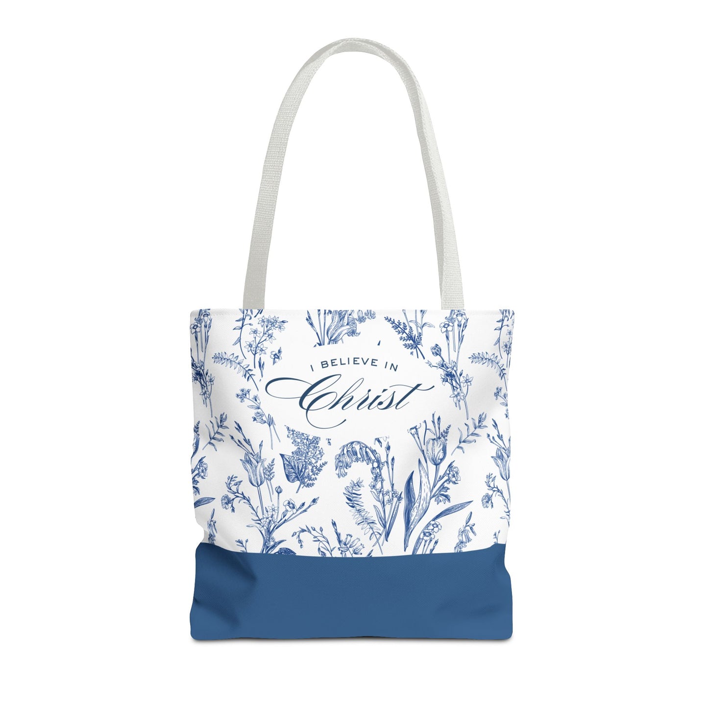 Floral 'I Believe in Christ' Tote Bag – Blue Botanical Canvas LDS Church Scripture Tote