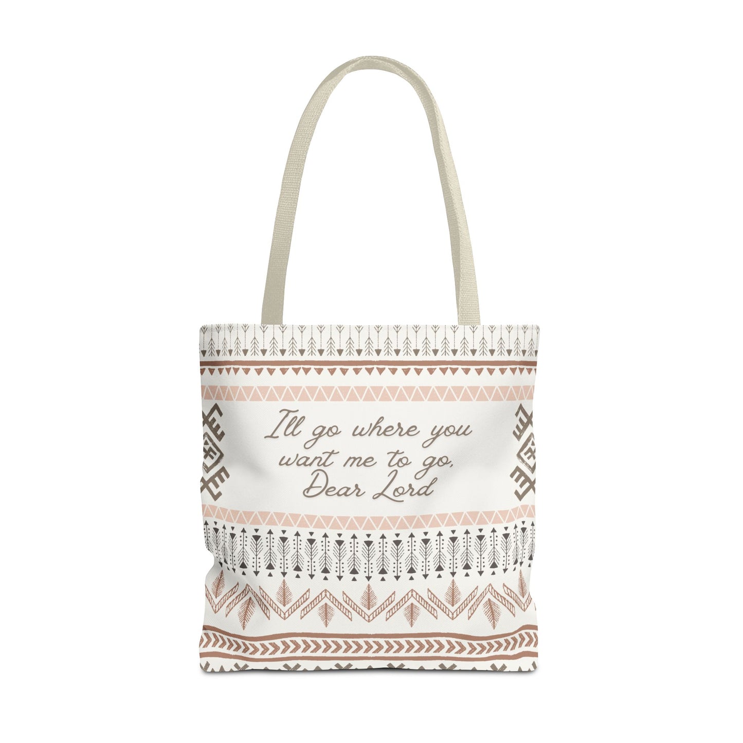 Christian Inspirational Scripture Tote Bag — "I'll Go Where You Want Me to Go, Dear Lord" Boho LDS Church Scripture Tote