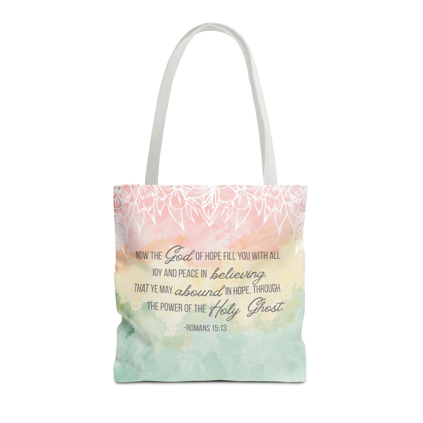 Inspirational Scripture Tote Bag – Romans 15:13 Pastel Watercolor LDS Church Scripture Tote
