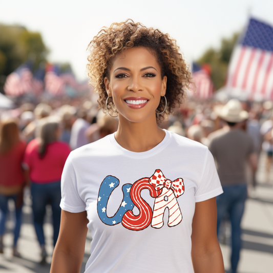 Patriotic Cute Retro USA with Bow T-Shirt