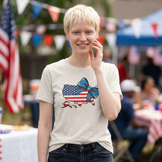 USA Patriotic Flag Bow Tee — Cute Fourth of July Shirt