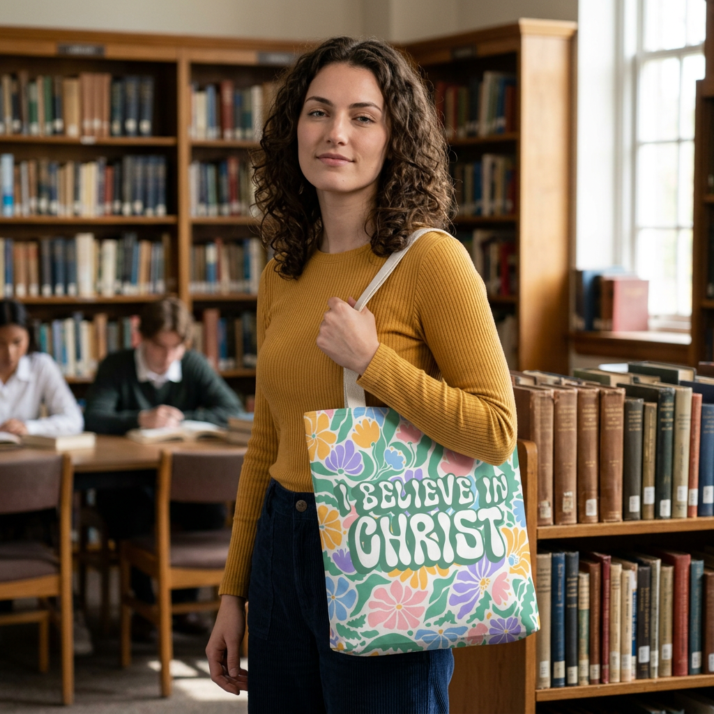 Christian Floral Tote Bag – "I Believe in Christ" LDS Church Scripture Tote