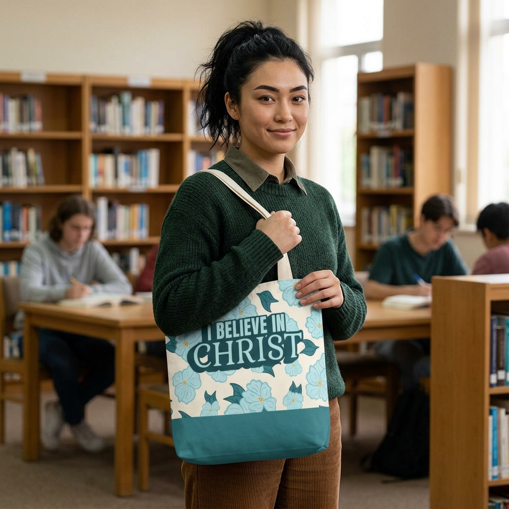 Faith Floral  Retro Tote Bag — “I Believe in Christ” LDS CHurch Scripture Tote