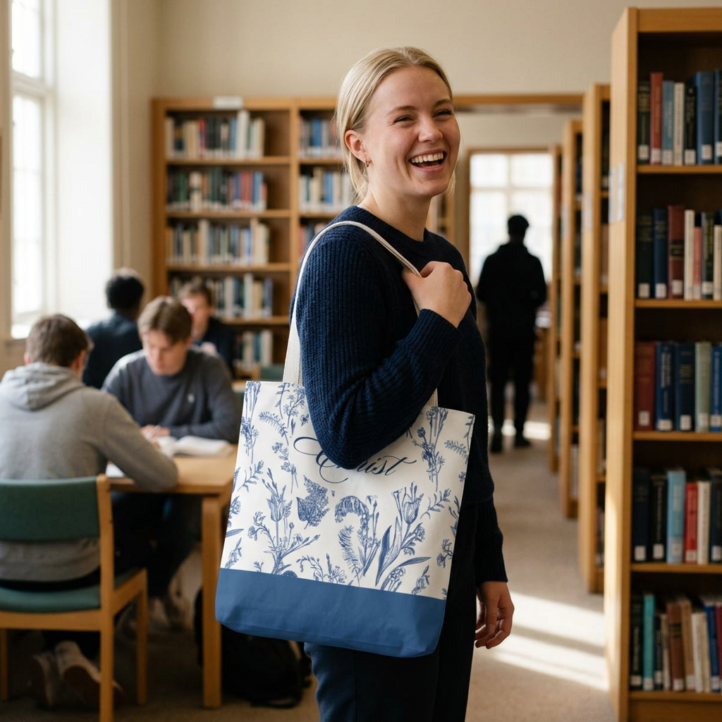 Floral 'I Believe in Christ' Tote Bag – Blue Botanical Canvas LDS Church Scripture Tote