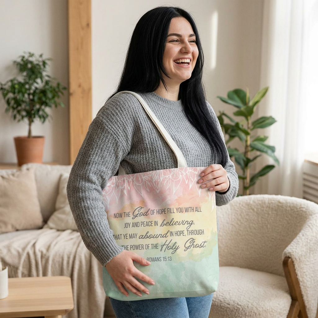 Inspirational Scripture Tote Bag – Romans 15:13 Pastel Watercolor LDS Church Scripture Tote