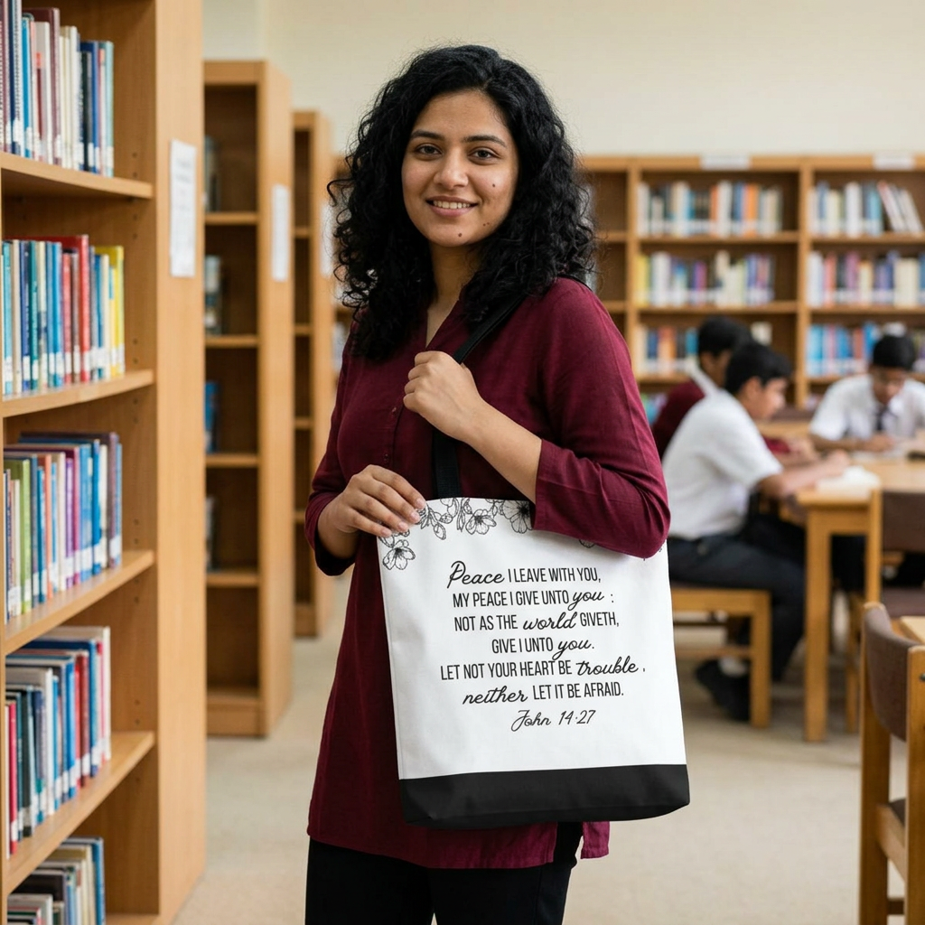 Faith-Inspired Tote Bag with John 14:27 Scripture and Jesus Silhouette LDS Church Scripture Tote