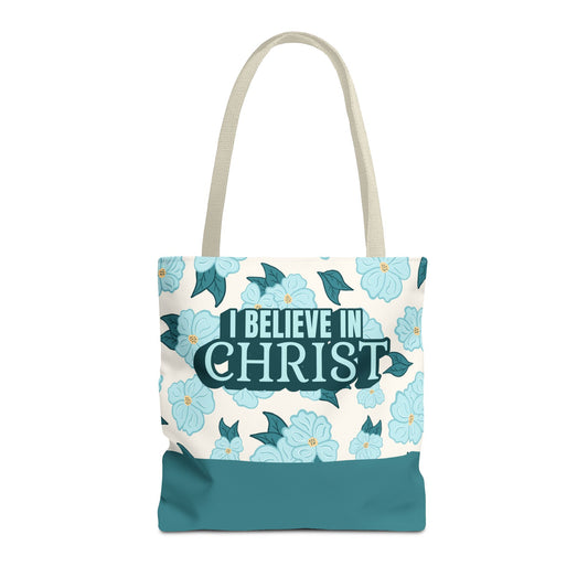 Faith Floral  Retro Tote Bag — “I Believe in Christ” LDS CHurch Scripture Tote