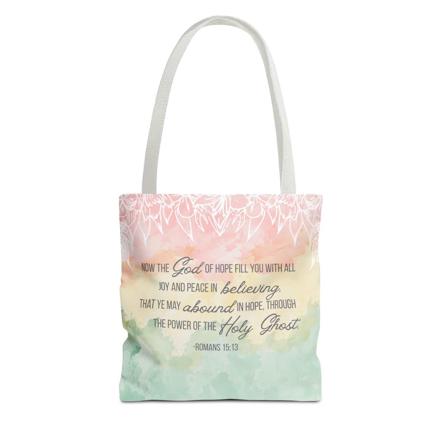 Inspirational Scripture Tote Bag – Romans 15:13 Pastel Watercolor LDS Church Scripture Tote