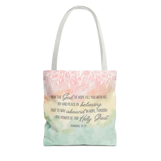 Inspirational Scripture Tote Bag – Romans 15:13 Pastel Watercolor LDS Church Scripture Tote