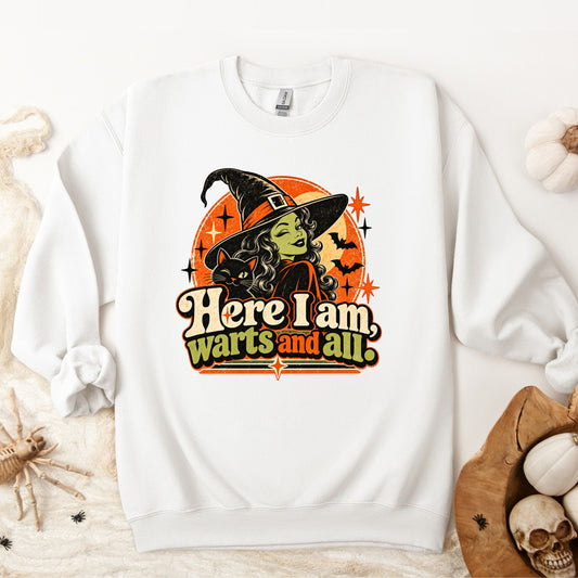 Halloween Here I Am Warts and All Retro Pullover Sweatshirt