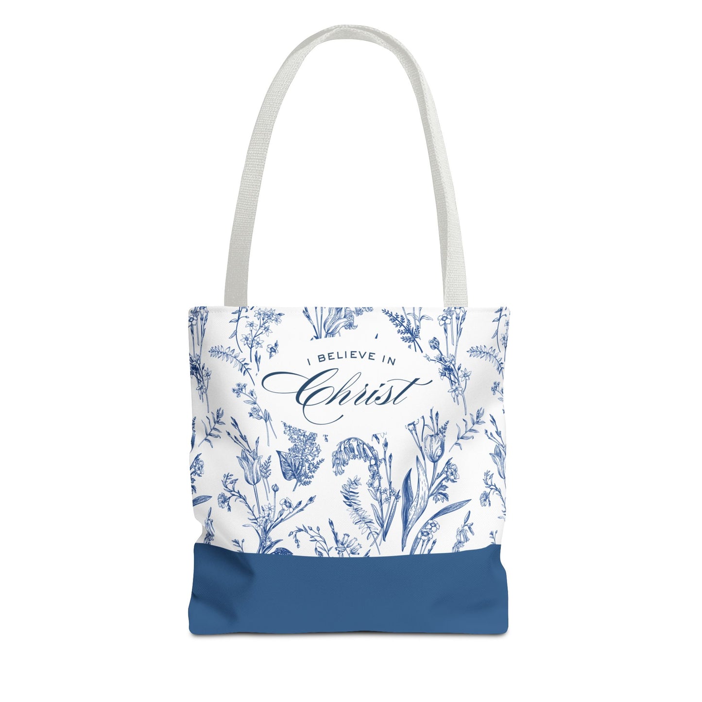 Floral 'I Believe in Christ' Tote Bag – Blue Botanical Canvas LDS Church Scripture Tote