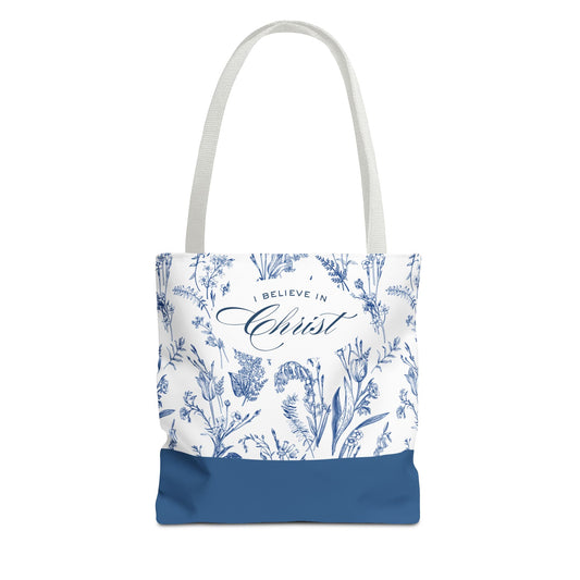 Floral 'I Believe in Christ' Tote Bag – Blue Botanical Canvas LDS Church Scripture Tote