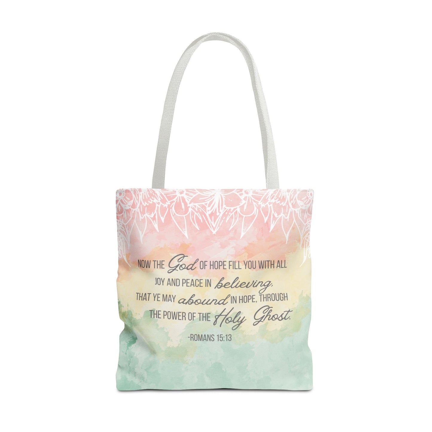 Inspirational Scripture Tote Bag – Romans 15:13 Pastel Watercolor LDS Church Scripture Tote