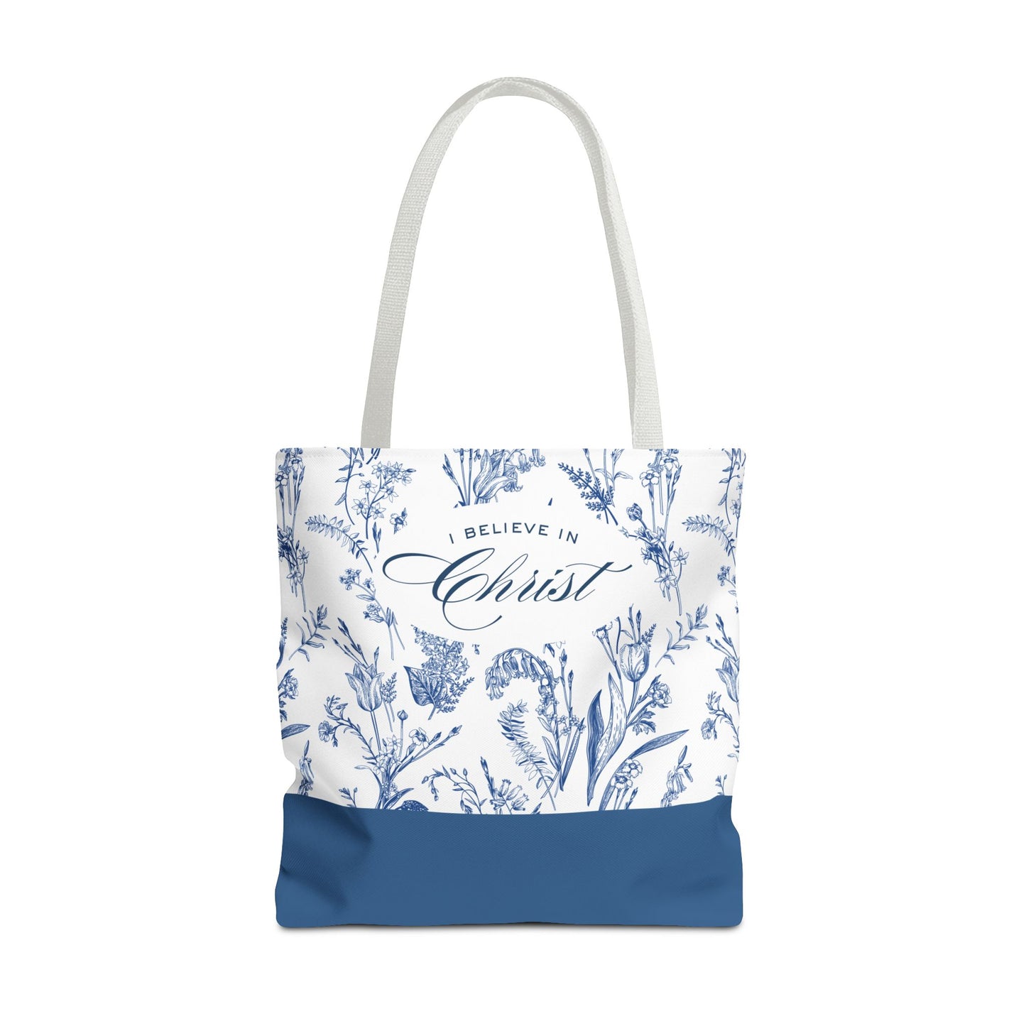 Floral 'I Believe in Christ' Tote Bag – Blue Botanical Canvas LDS Church Scripture Tote