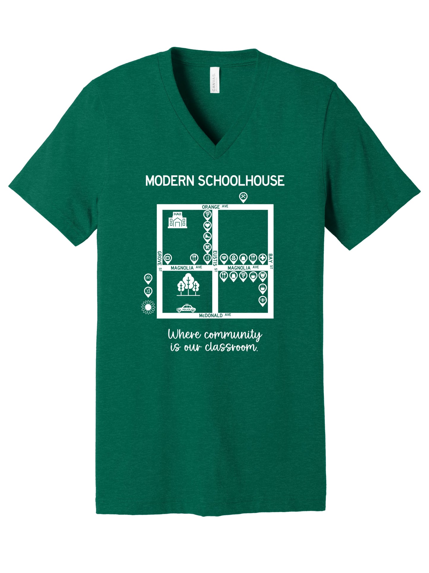 Modern Schoolhouse 2025 Community Support Adult V Neck Tee